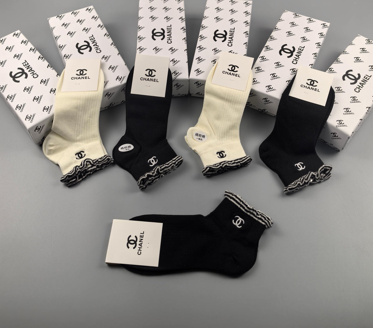 Chanel Black Cream Mixed Small Graphic Motifs Ankle Socks, image 4