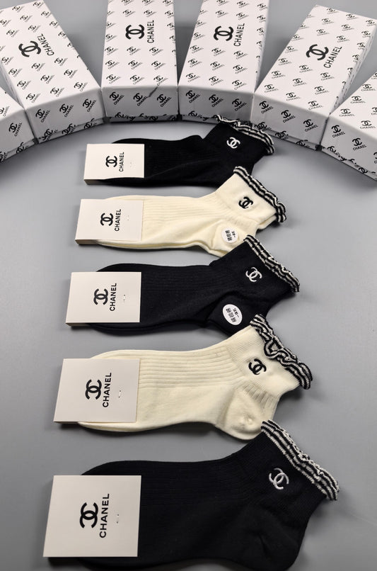 Chanel Black Cream Mixed Small Graphic Motifs Ankle Socks, image 1