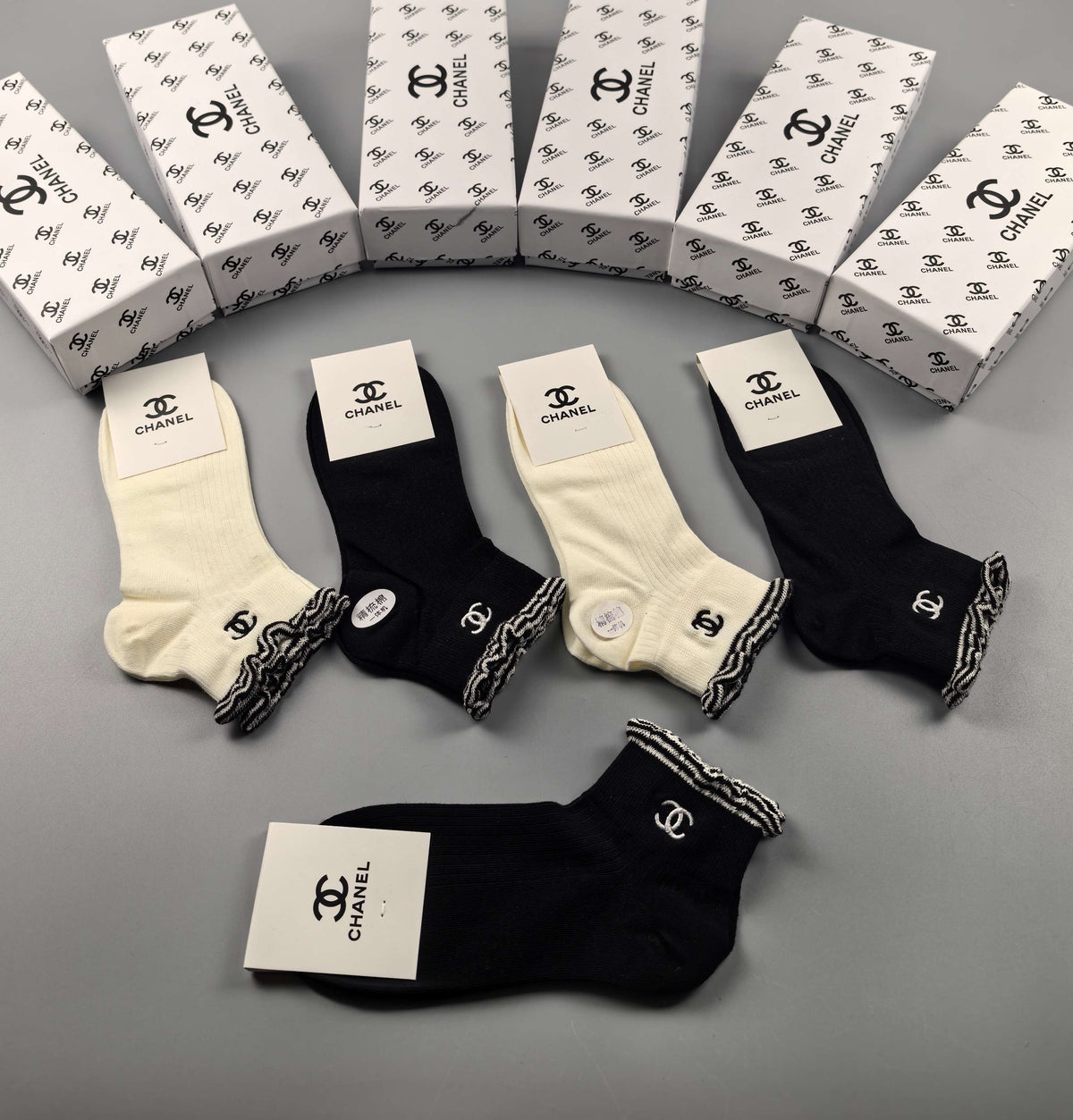 Chanel Black Cream Mixed Small Graphic Motifs Ankle Socks, image 5