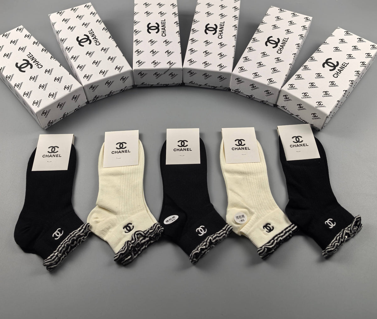Chanel Black Cream Mixed Small Graphic Motifs Ankle Socks, image 9