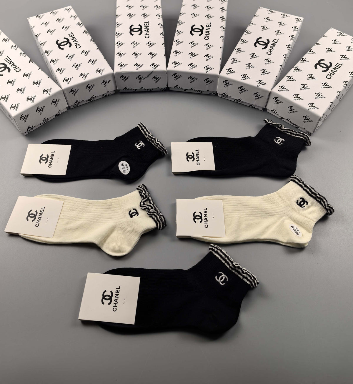 Chanel Black Cream Mixed Small Graphic Motifs Ankle Socks, image 6