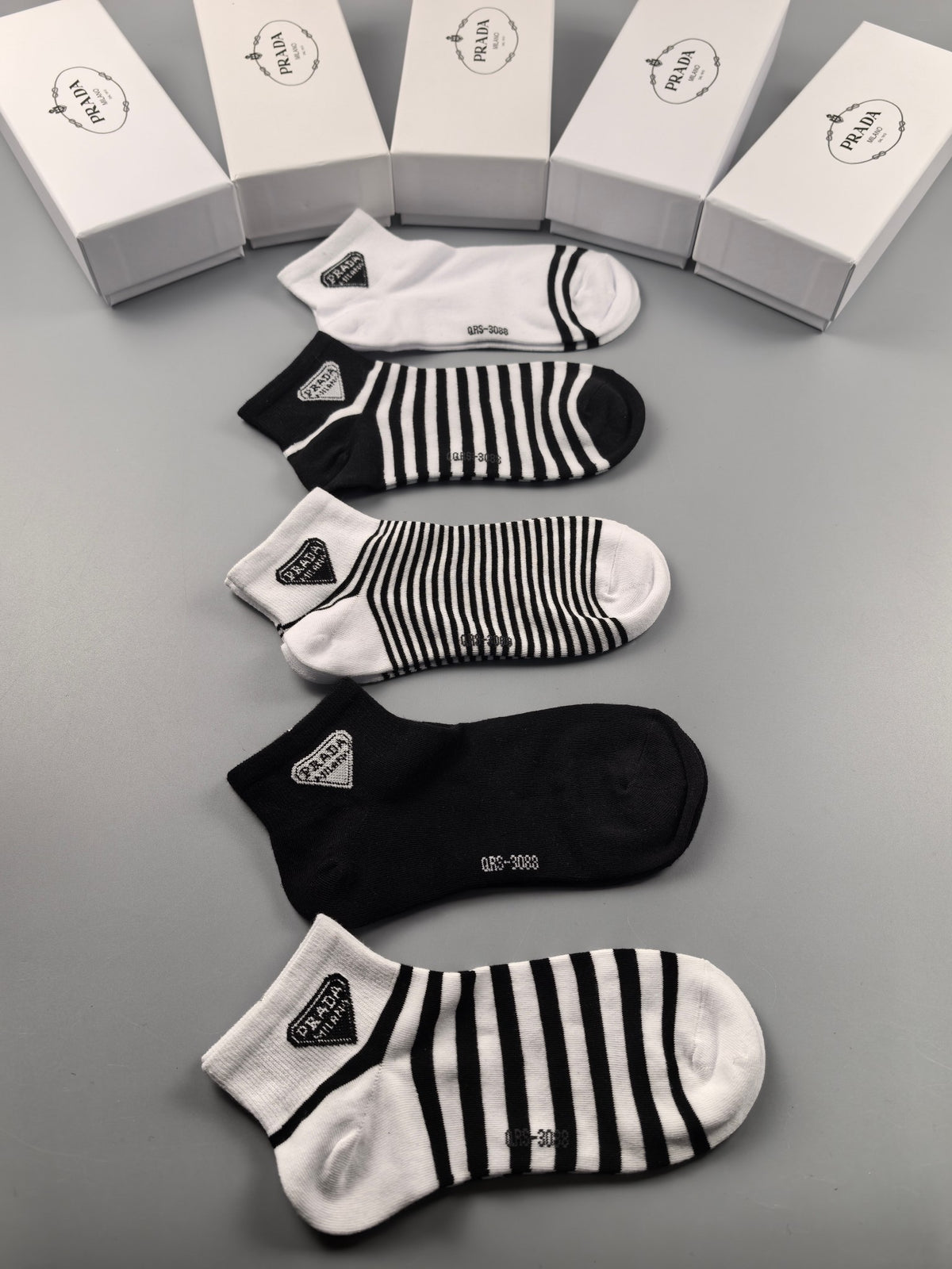 Prada Black White Fine Stripe Assortment No-Show Socks, image 1