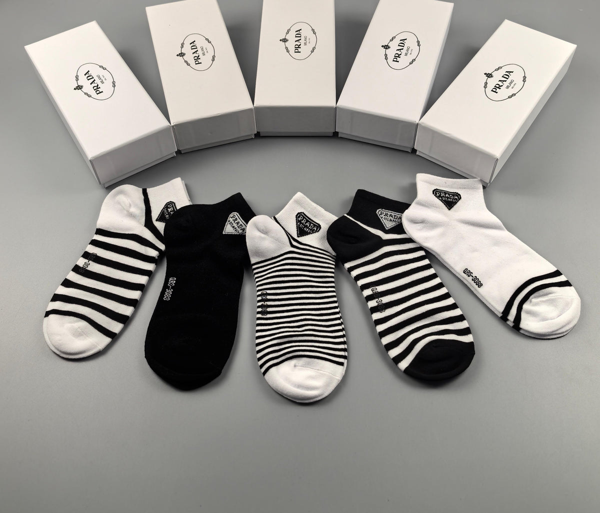 Prada Black White Fine Stripe Assortment No-Show Socks, image 3