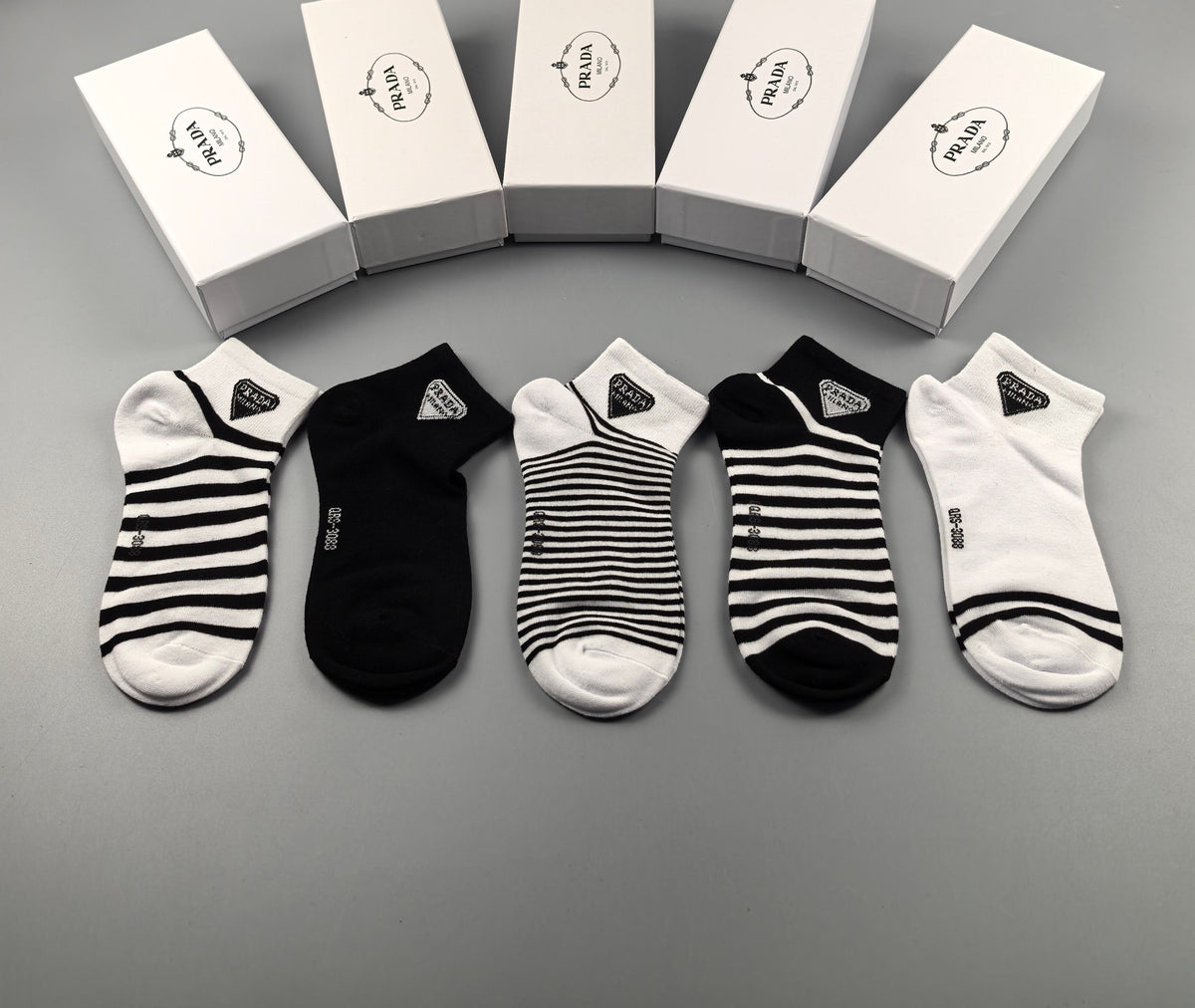 Prada Black White Fine Stripe Assortment No-Show Socks, image 4