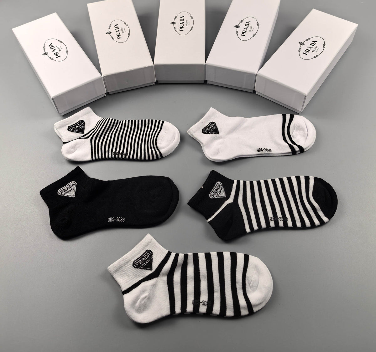Prada Black White Fine Stripe Assortment No-Show Socks, image 2
