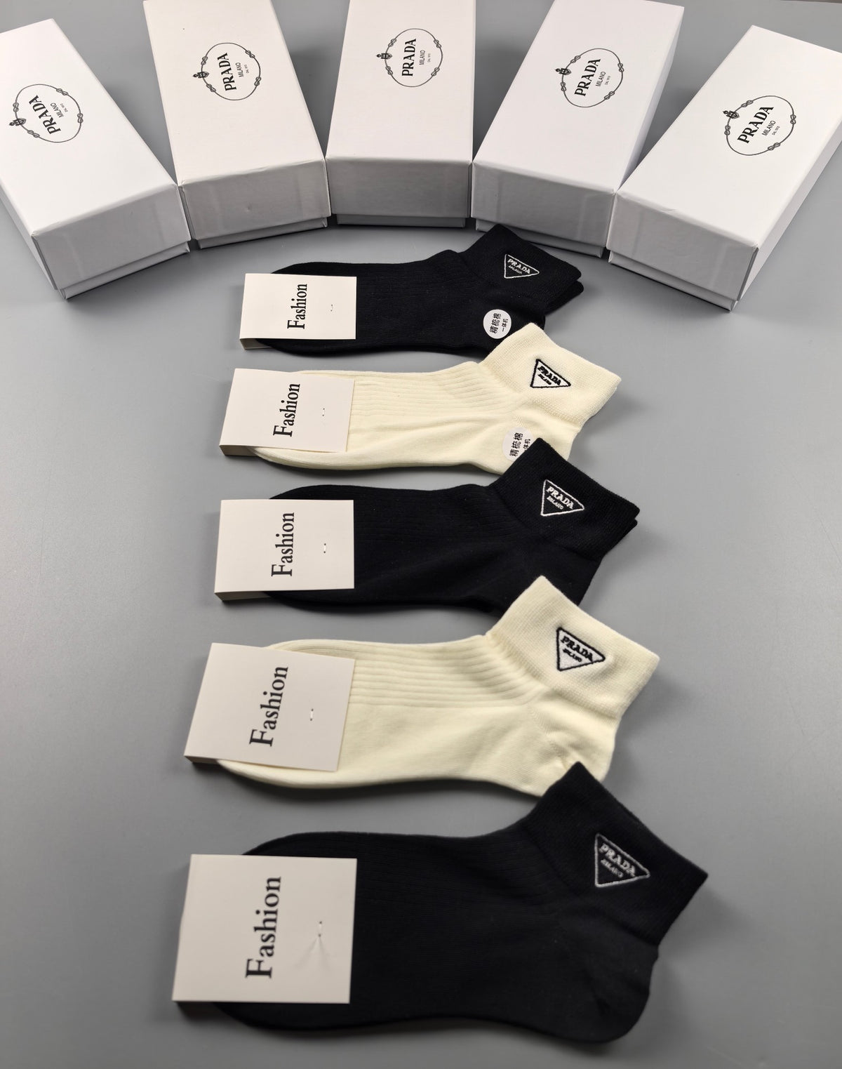 Prada Black Cream Fine Side Wordmarks Ankle Socks, image 1