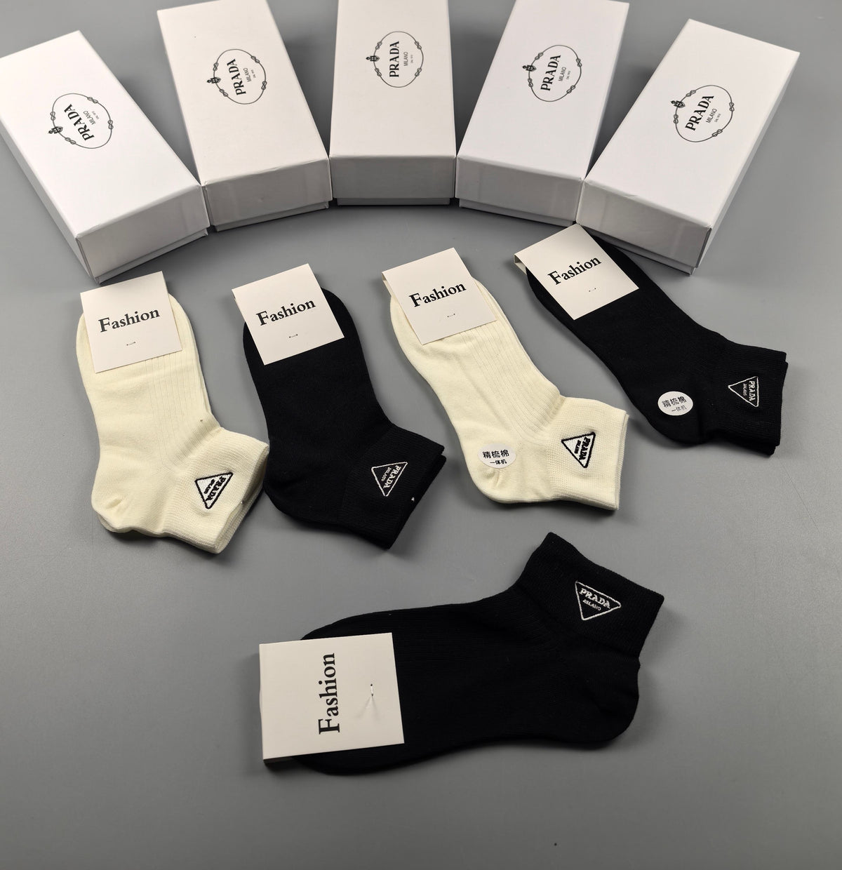Prada Black Cream Fine Side Wordmarks Ankle Socks, image 5