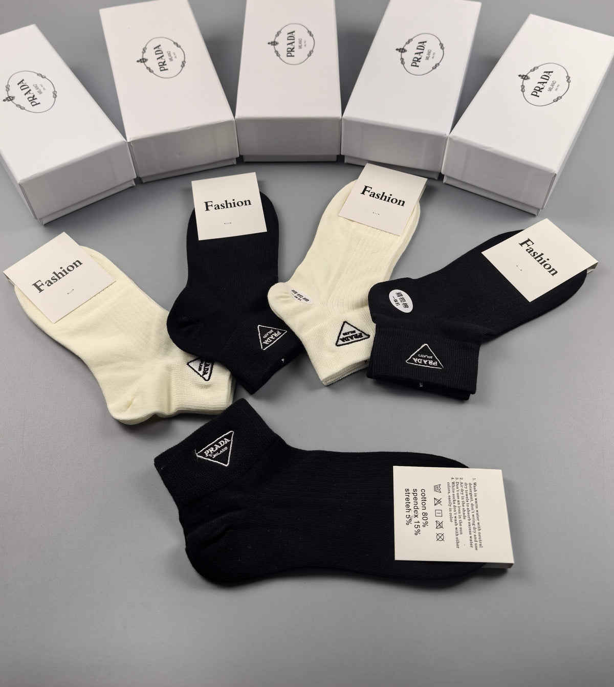 Prada Black Cream Fine Side Wordmarks Ankle Socks, image 4