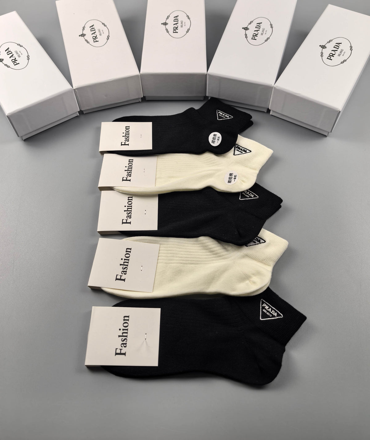 Prada Black Cream Fine Side Wordmarks Ankle Socks, image 2