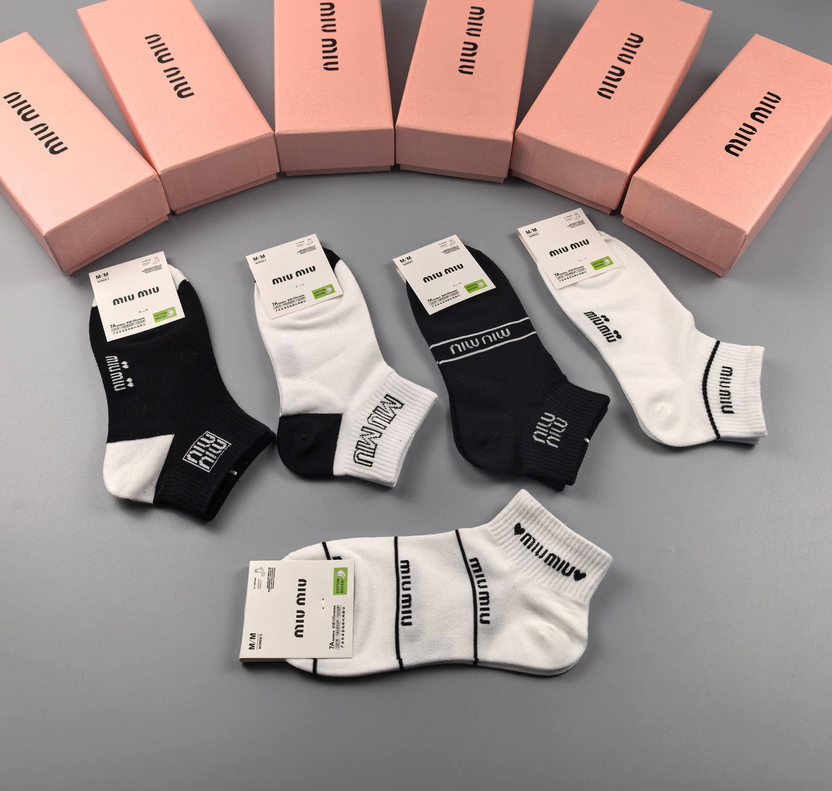 Miu Miu Black Cream Mixed Small Wordmark Graphics Ankle Socks, image 5