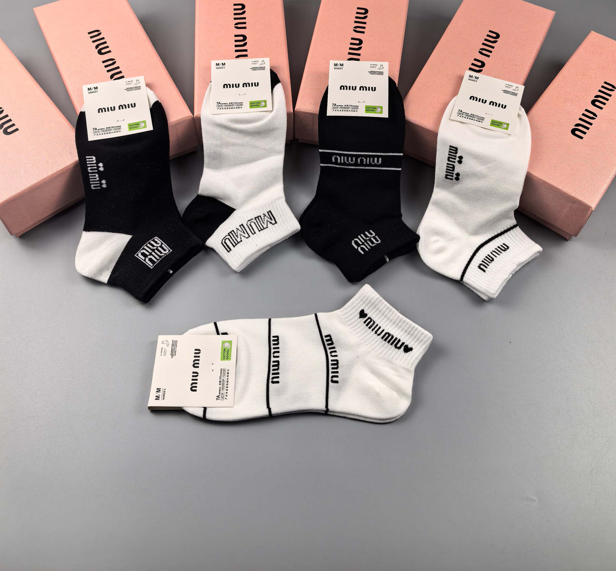 Miu Miu Black Cream Mixed Small Wordmark Graphics Ankle Socks, image 4