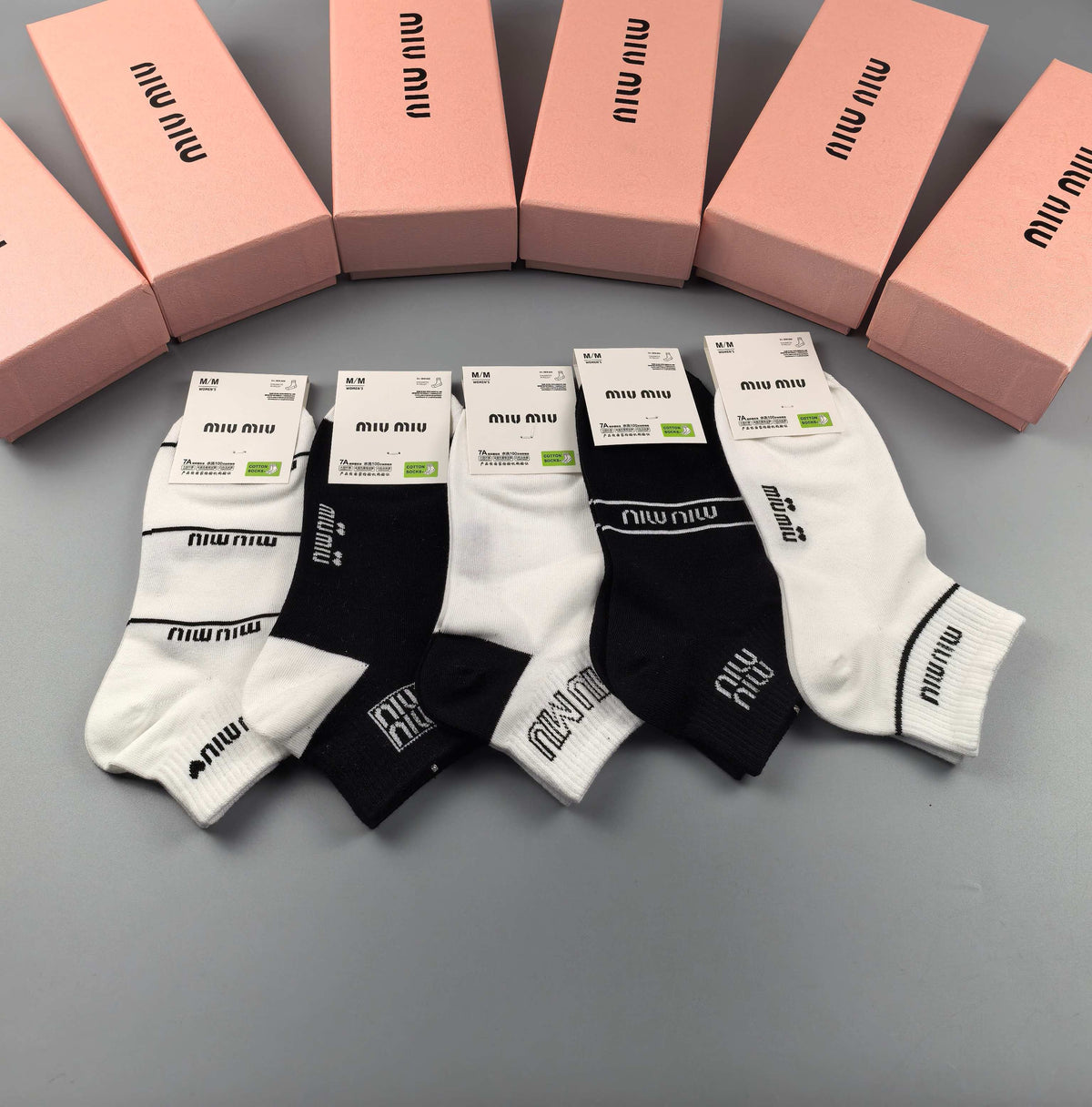 Miu Miu Black Cream Mixed Small Wordmark Graphics Ankle Socks, image 2
