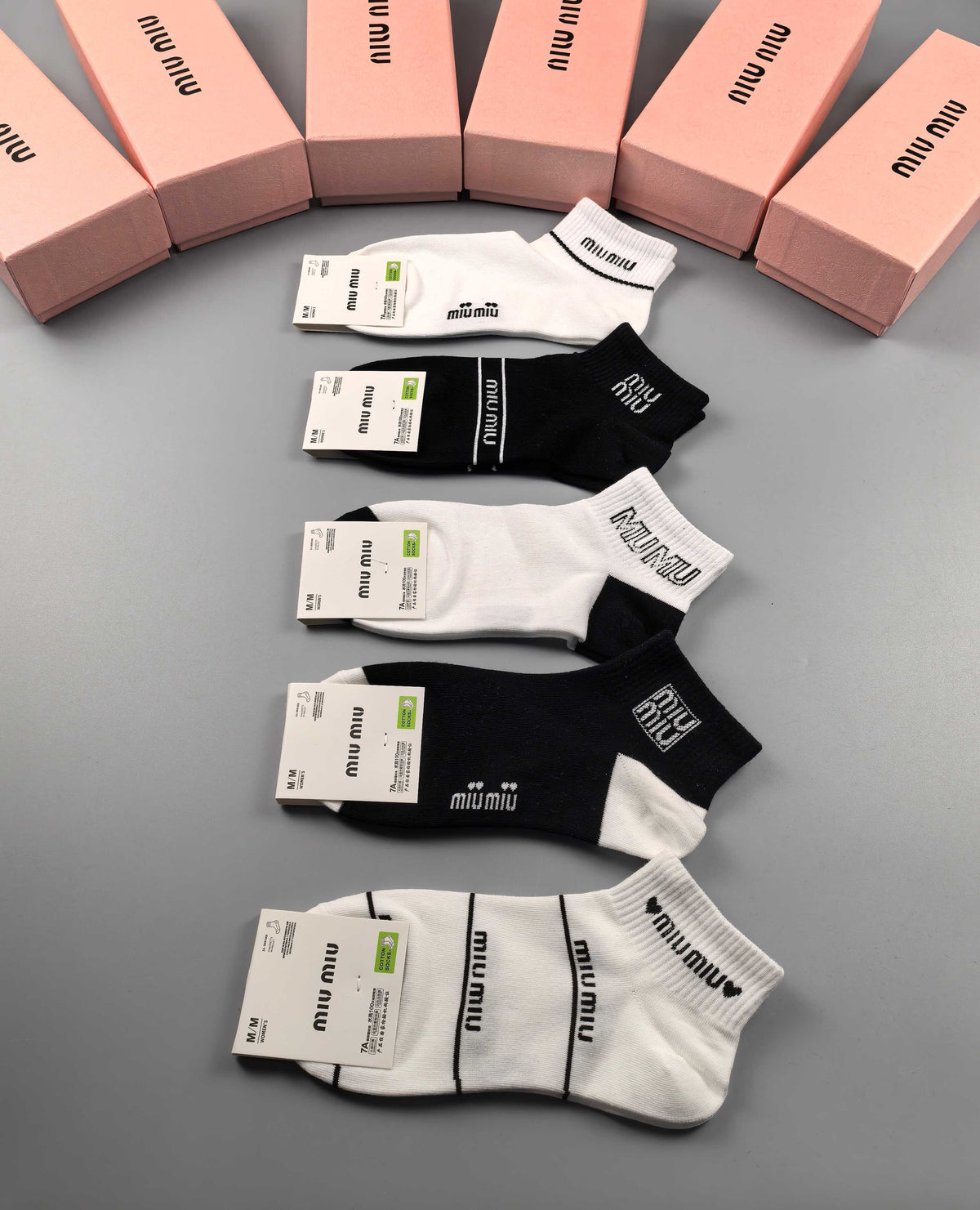 Miu Miu Black Cream Mixed Small Wordmark Graphics Ankle Socks, image 1