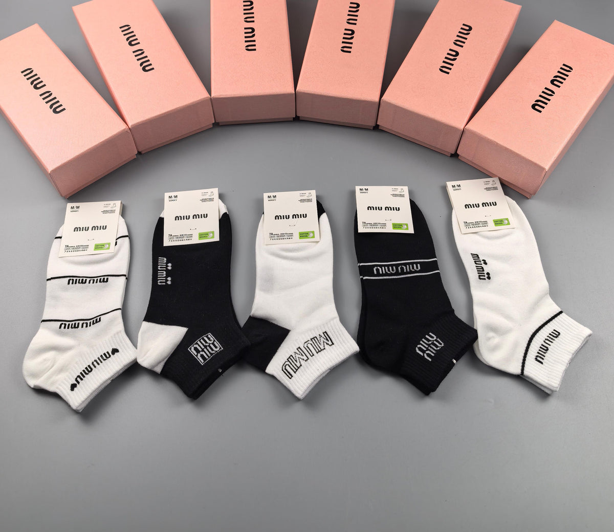 Miu Miu Black Cream Mixed Small Wordmark Graphics Ankle Socks, image 8