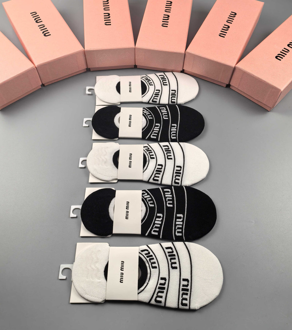 Miu Miu Black Cream Broad Graphic Footbed Bands No-Show Socks, image 1