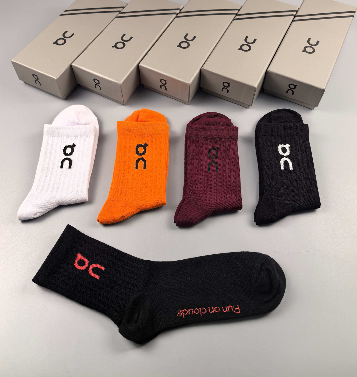 On Orange Burgundy Black Foot Text No-Show Socks, image 3