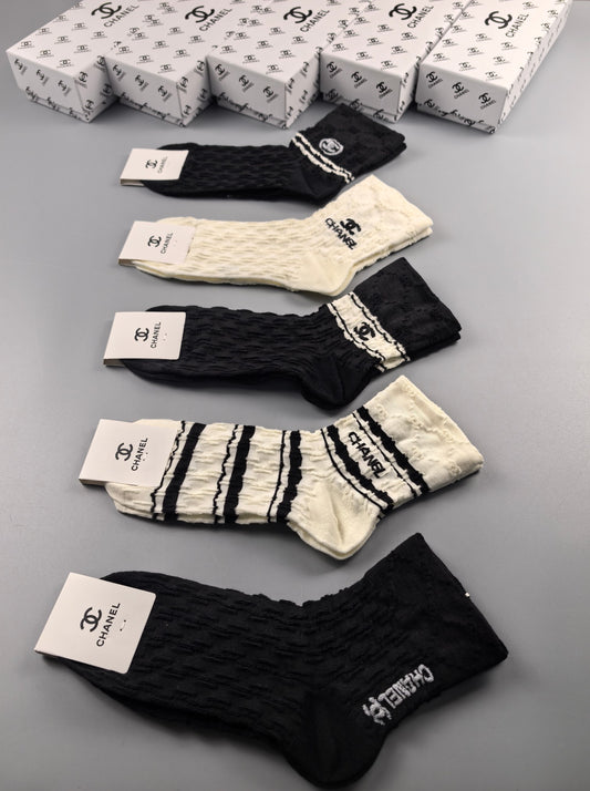 Chanel Black Cream Check Stripe Detail Ankle Socks, image 1