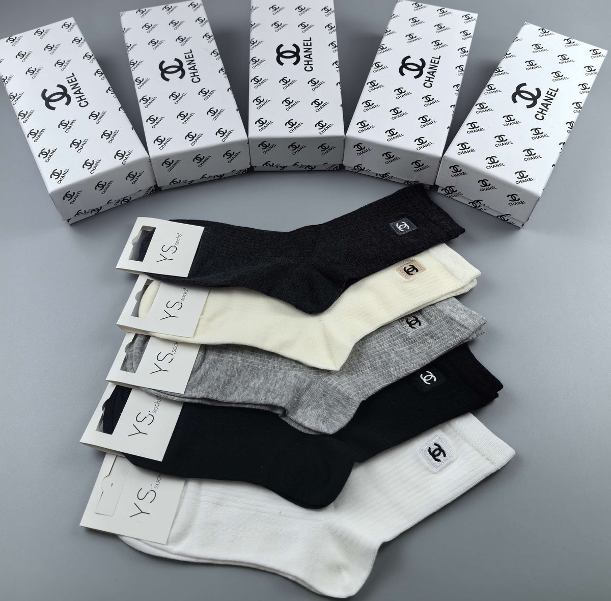 Chanel Neutral Grey White Small Toe Mark Ankle Socks, image 3