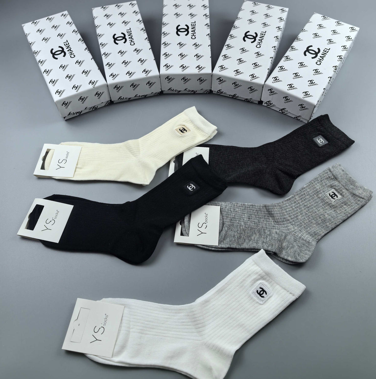 Chanel Neutral Grey White Small Toe Mark Ankle Socks, image 4