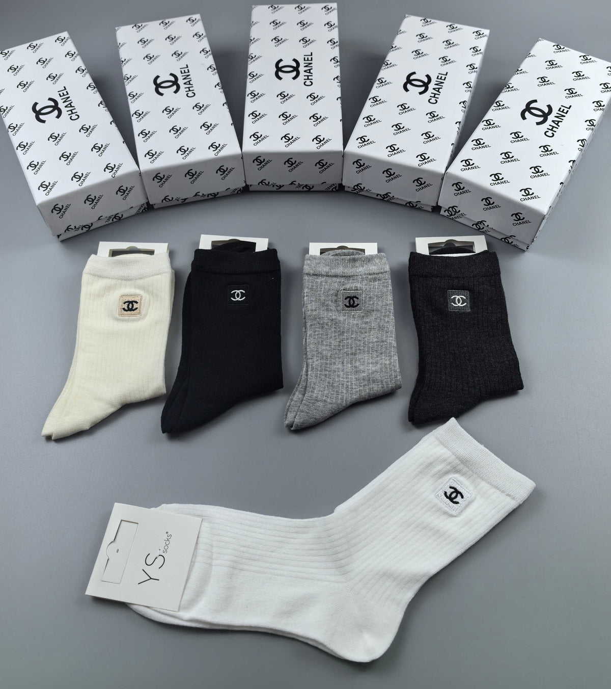 Chanel Neutral Grey White Small Toe Mark Ankle Socks, image 5