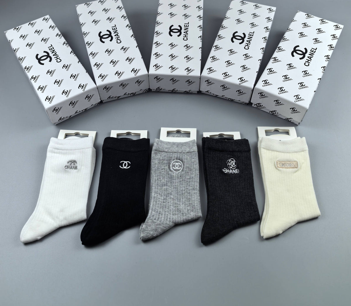 Chanel Neutral Grey Black Narrow Cuff Lines Ankle Socks, image 4