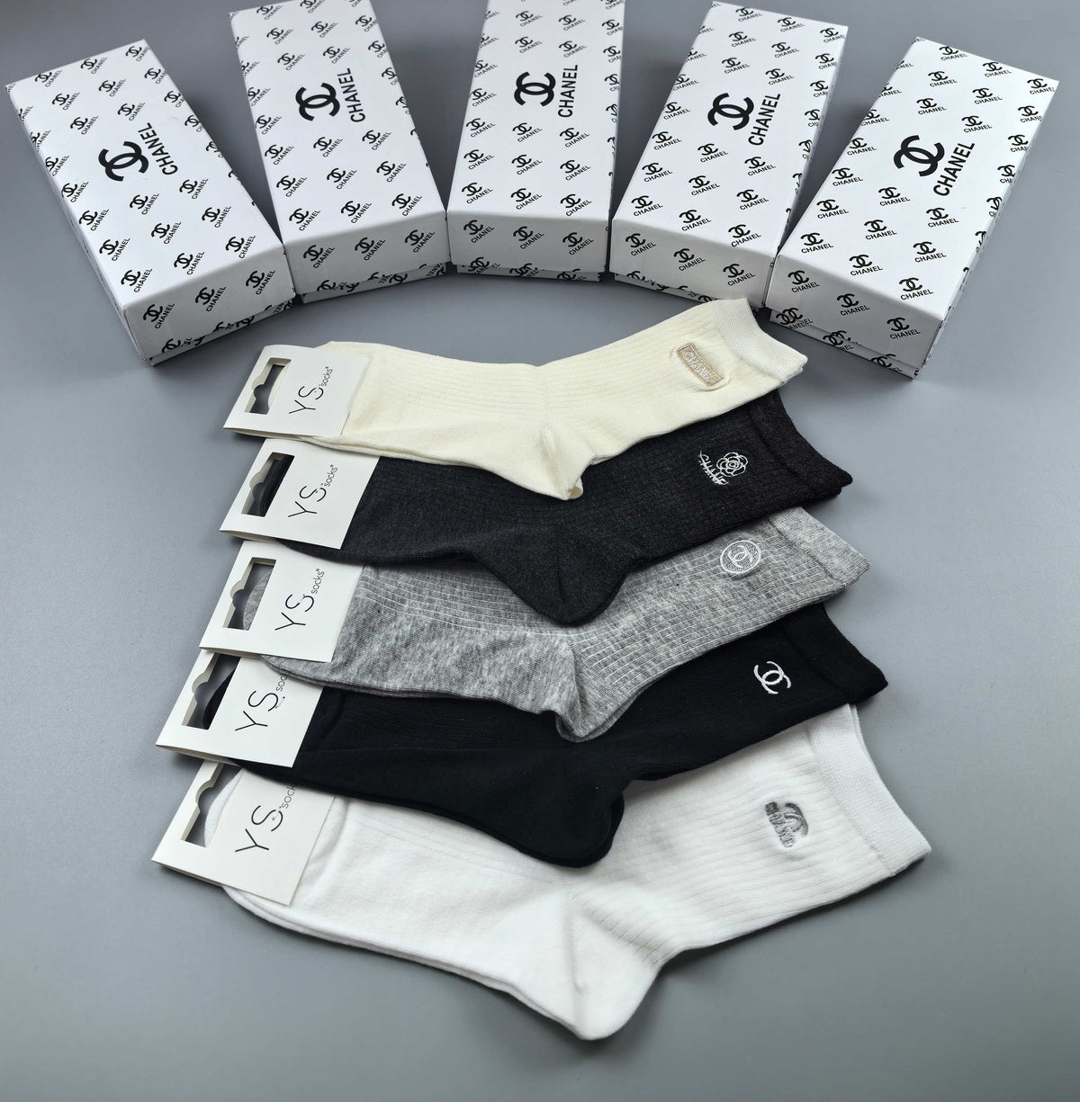 Chanel Neutral Grey Black Narrow Cuff Lines Ankle Socks, image 2