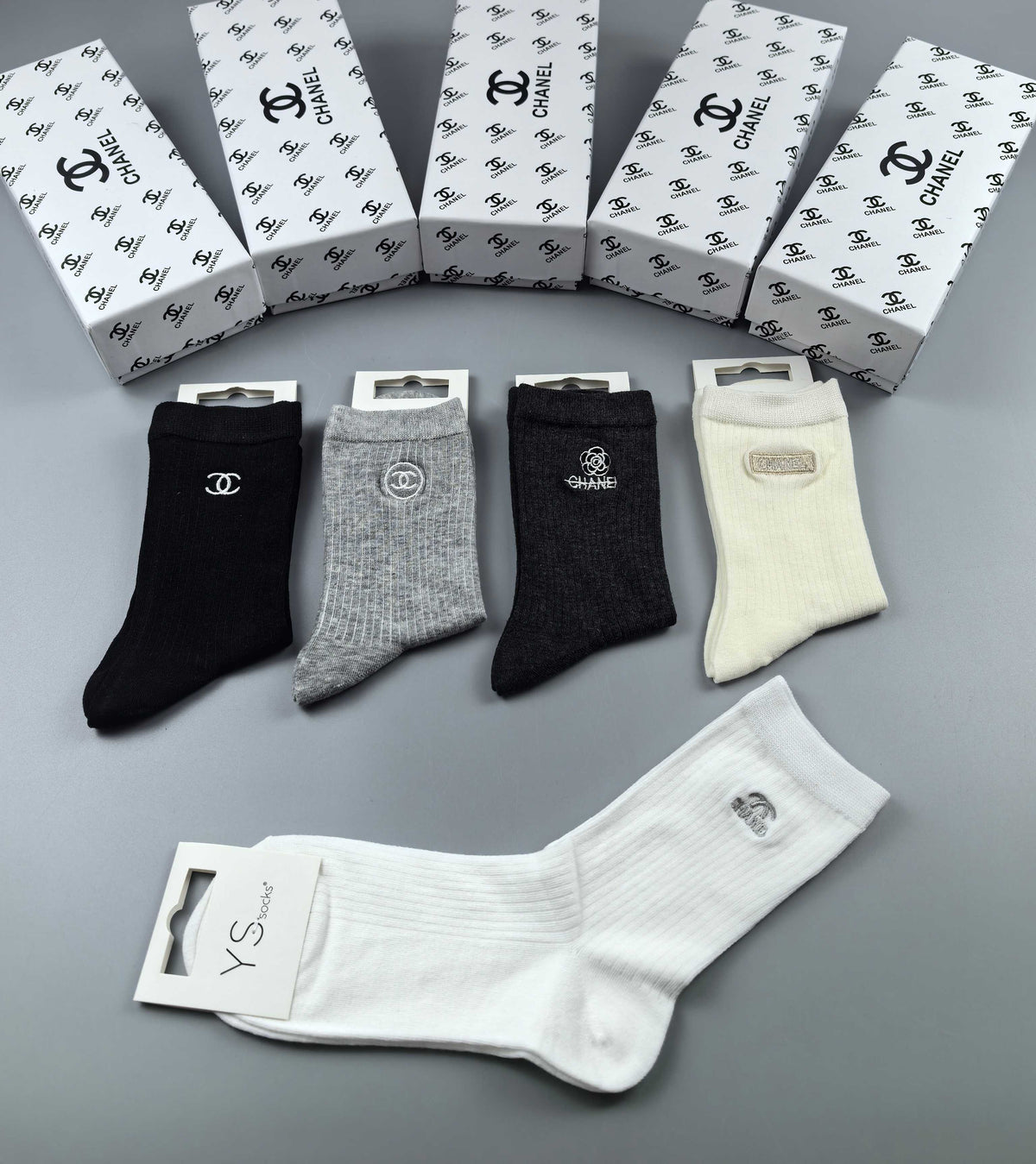 Chanel Neutral Grey Black Narrow Cuff Lines Ankle Socks, image 5