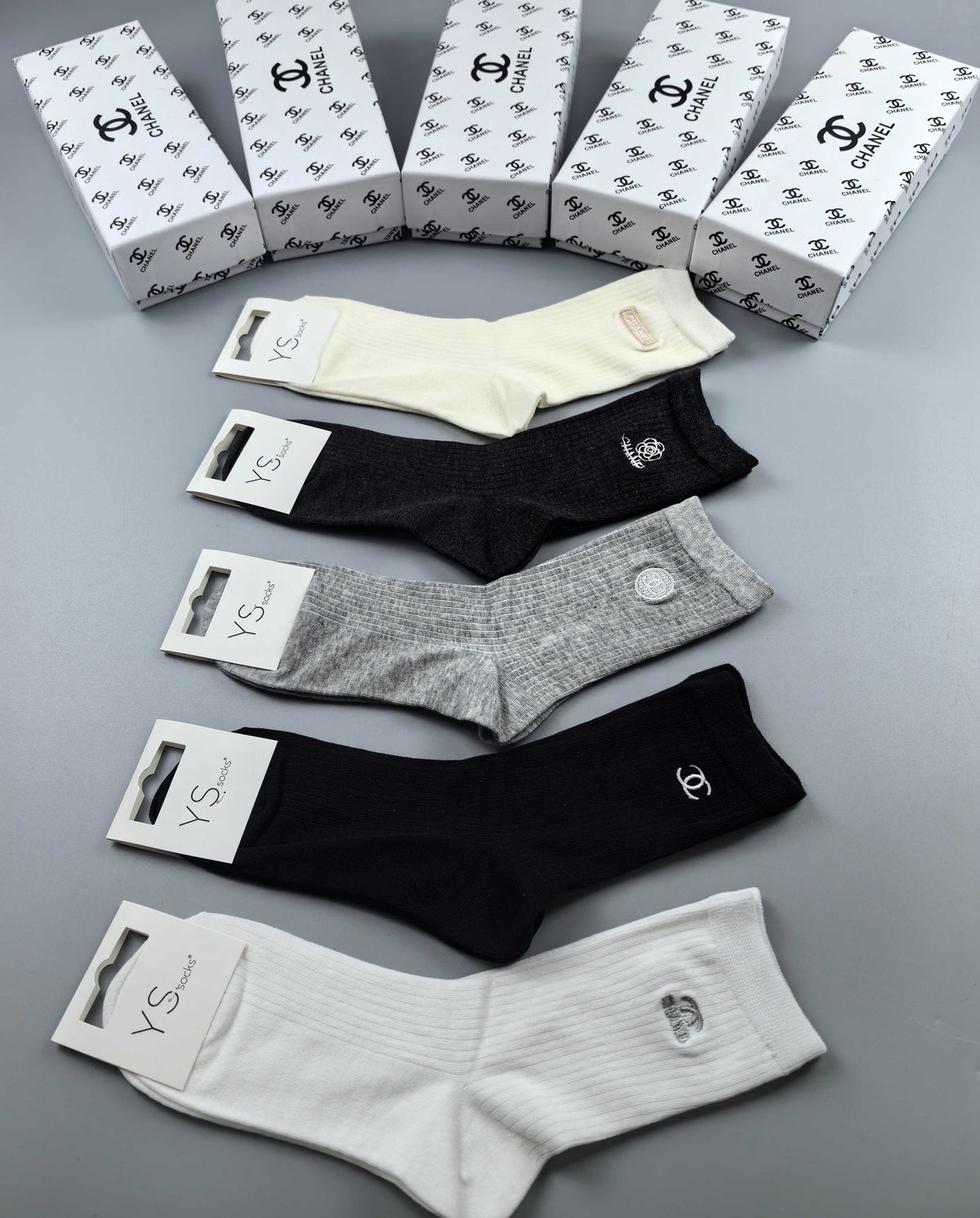 Chanel Neutral Grey Black Narrow Cuff Lines Ankle Socks, image 1