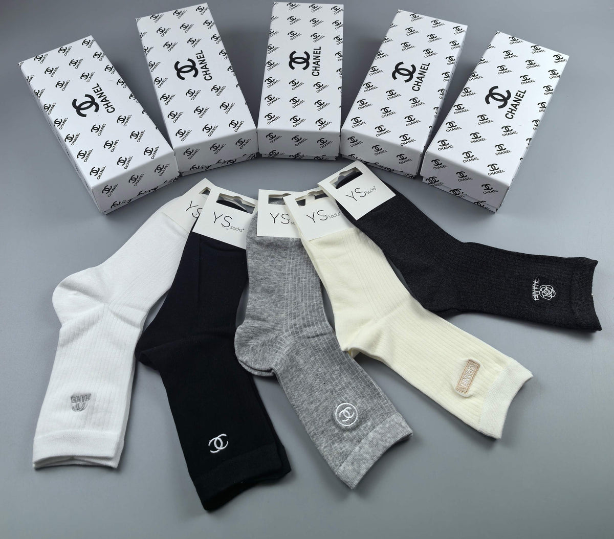 Chanel Neutral Grey Black Narrow Cuff Lines Ankle Socks, image 8