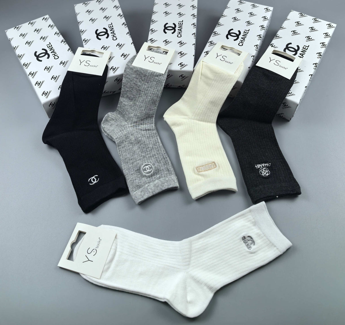 Chanel Neutral Grey Black Narrow Cuff Lines Ankle Socks, image 6
