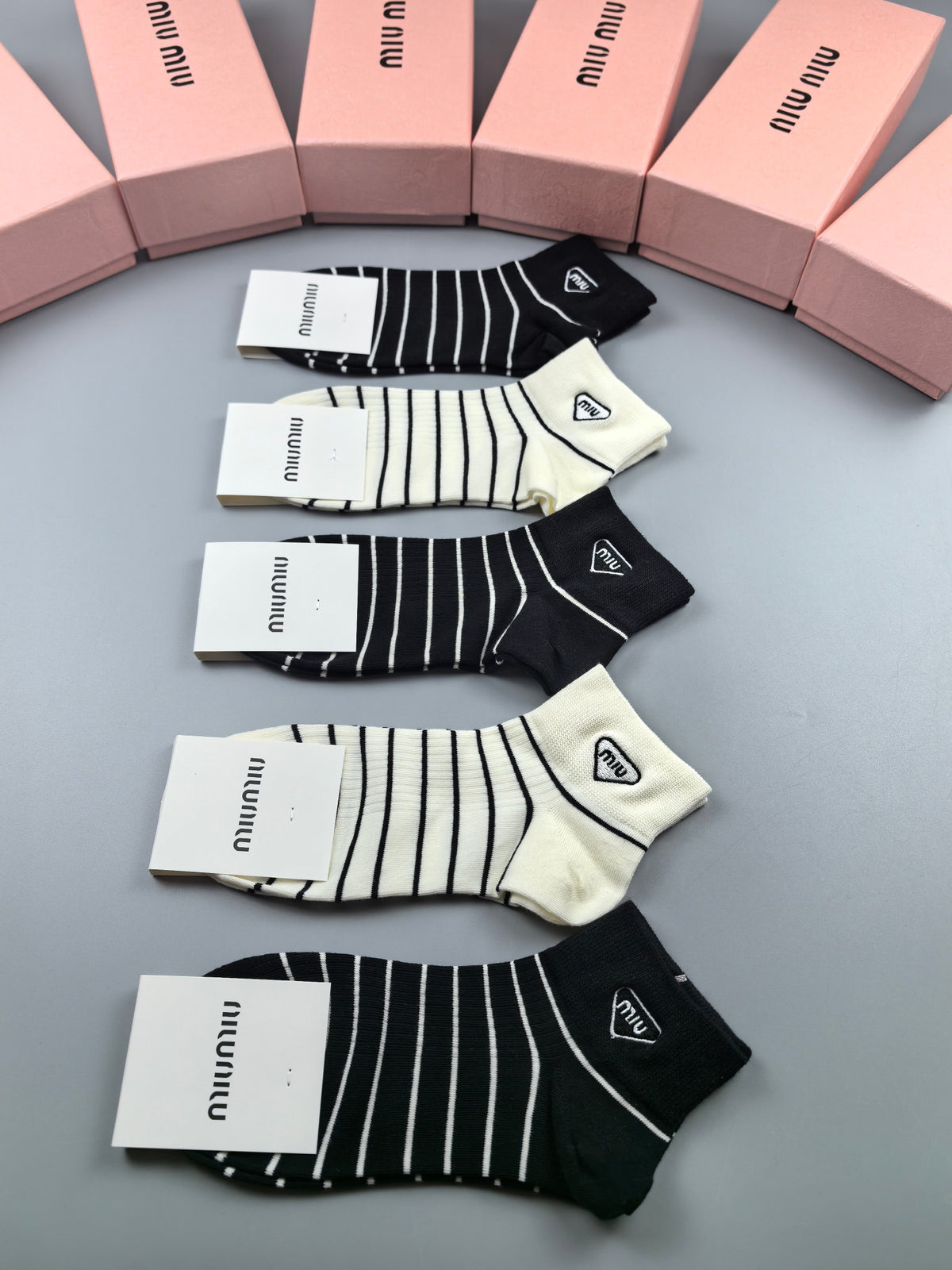 Miu Miu Black Grey Cream Fine Vertical Stripes Ankle Socks, image 1