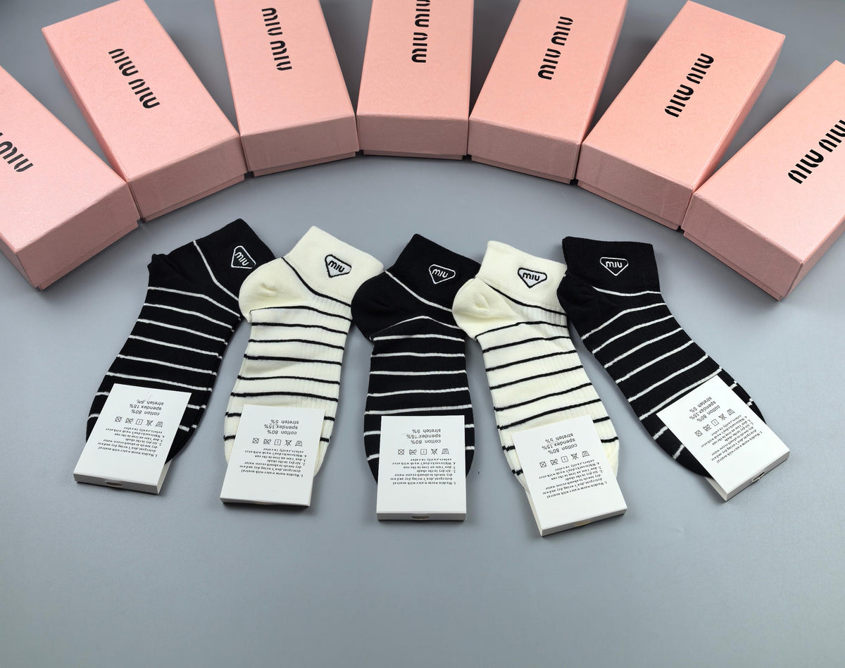 Miu Miu Black Grey Cream Fine Vertical Stripes Ankle Socks, image 2