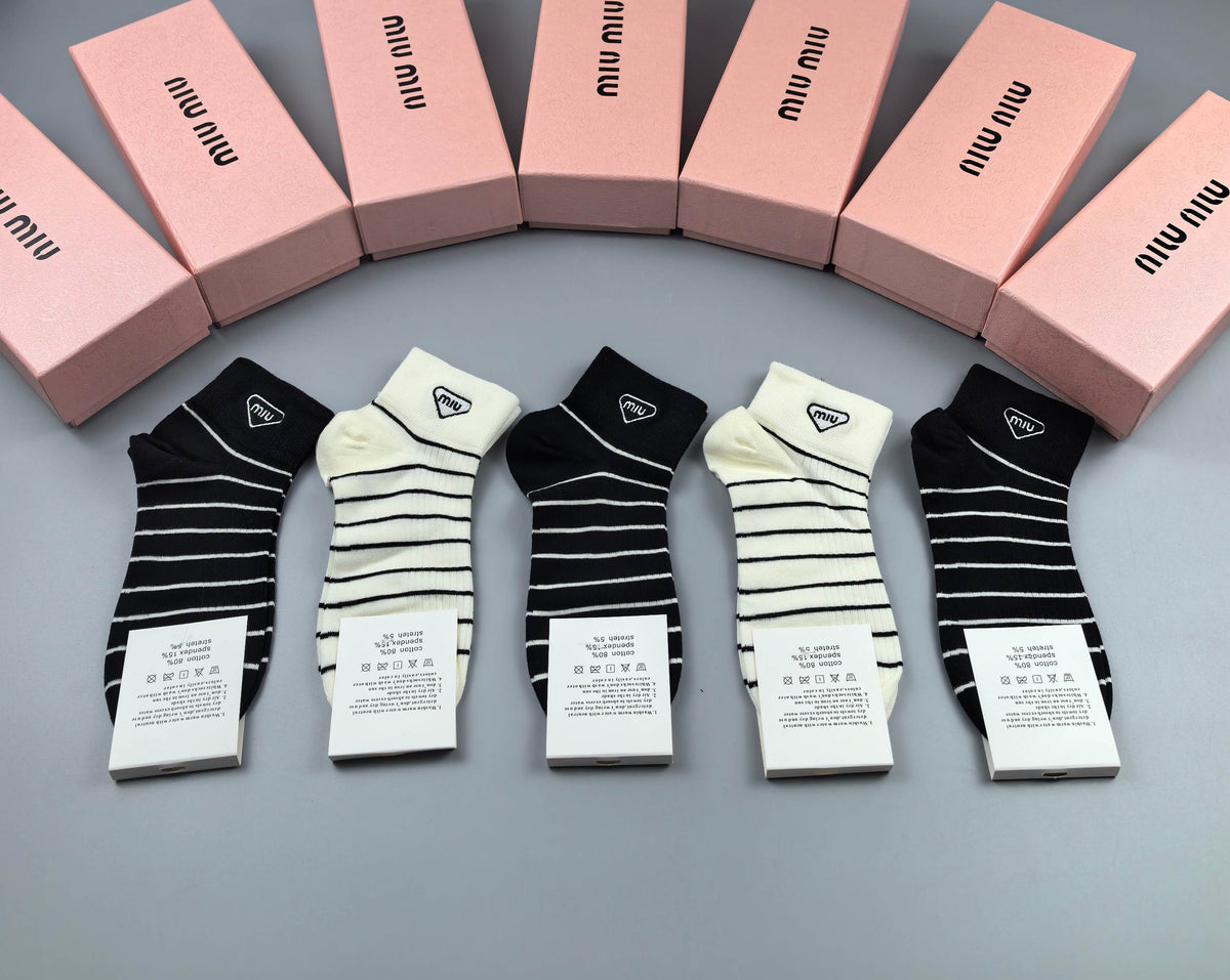Miu Miu Black Grey Cream Fine Vertical Stripes Ankle Socks, image 3