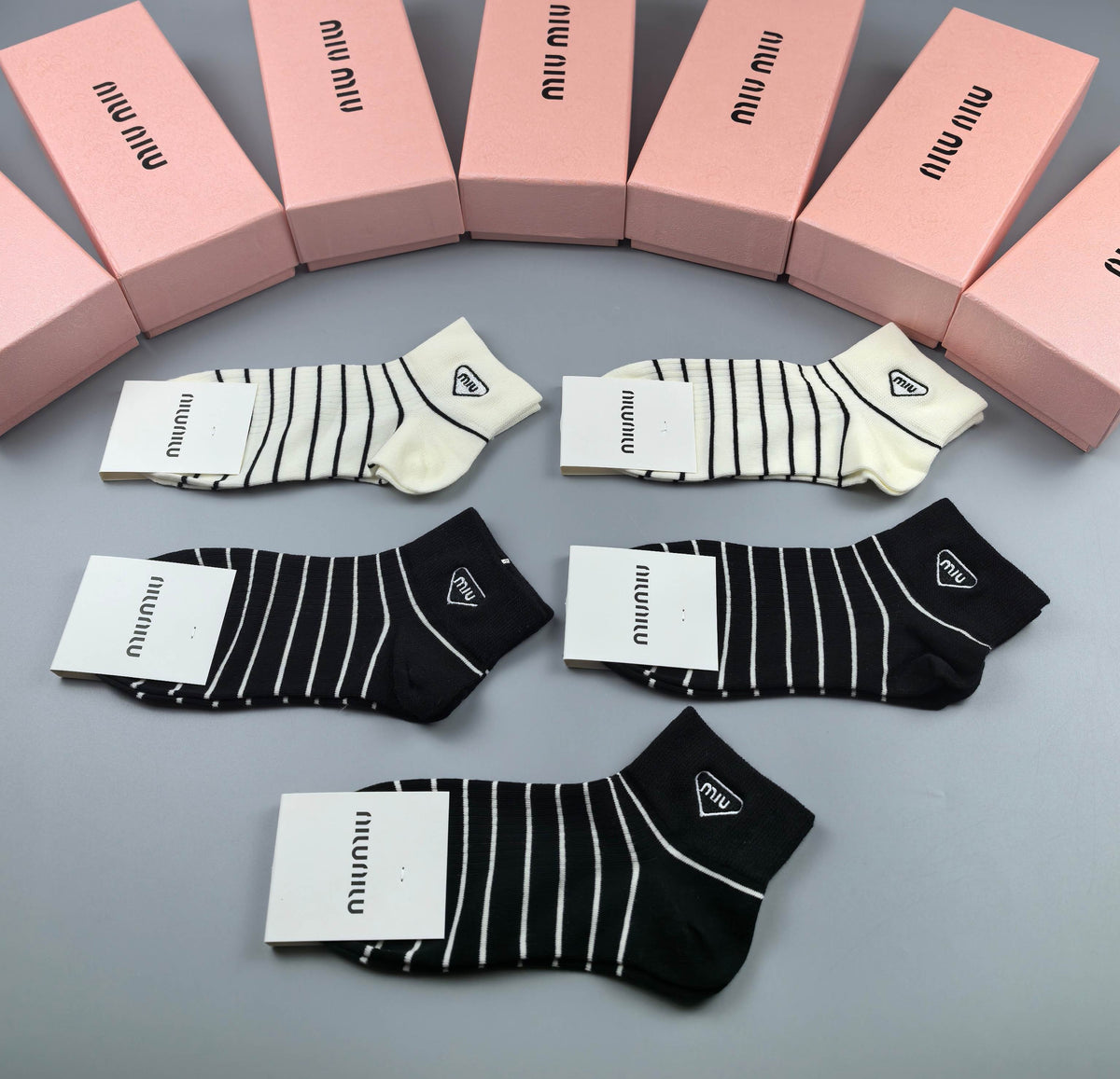 Miu Miu Black Grey Cream Fine Vertical Stripes Ankle Socks, image 5