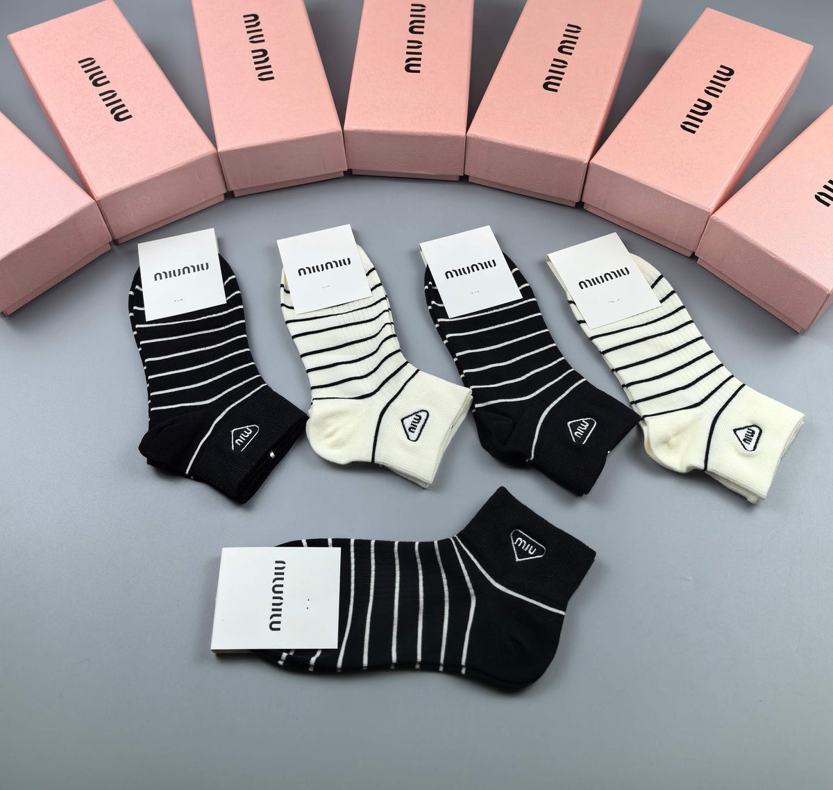 Miu Miu Black Grey Cream Fine Vertical Stripes Ankle Socks, image 4