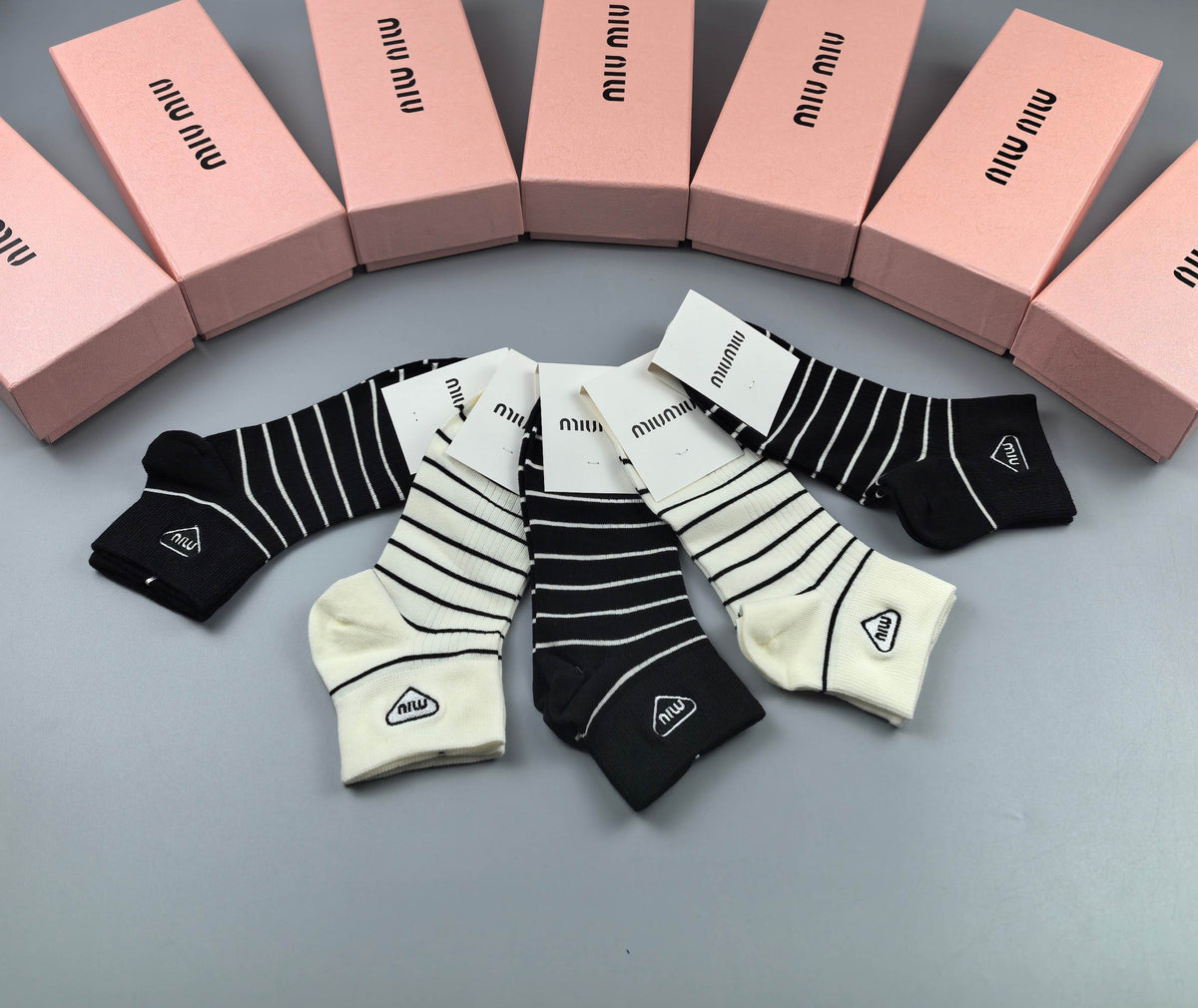 Miu Miu Black Grey Cream Fine Vertical Stripes Ankle Socks, image 8