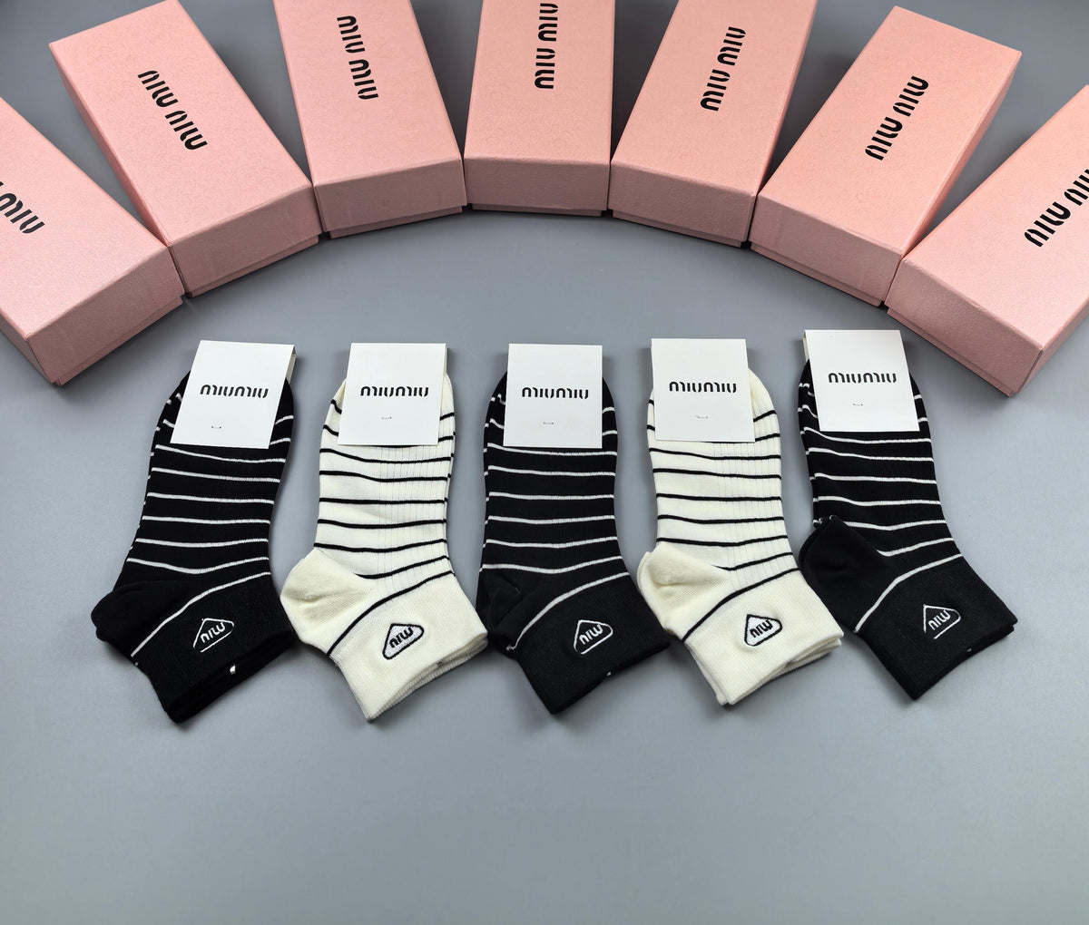 Miu Miu Black Grey Cream Fine Vertical Stripes Ankle Socks, image 9