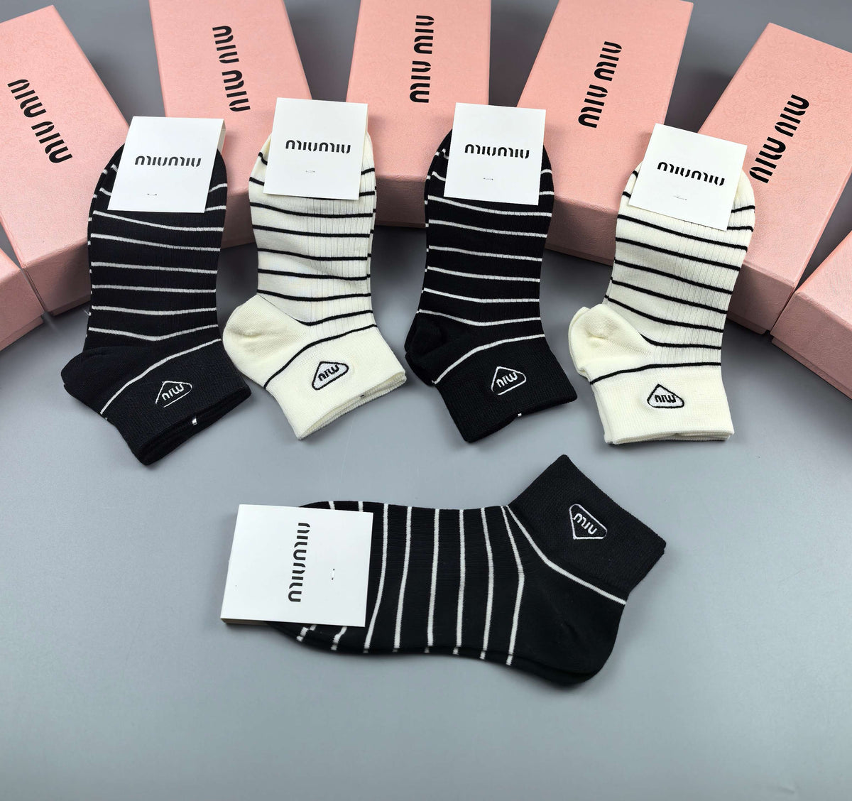 Miu Miu Black Grey Cream Fine Vertical Stripes Ankle Socks, image 6