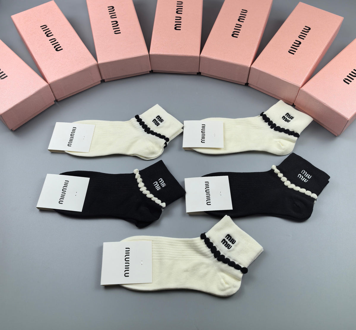 Miu Miu Black Cream Fine Stripe Cuffs Ankle Socks, image 4