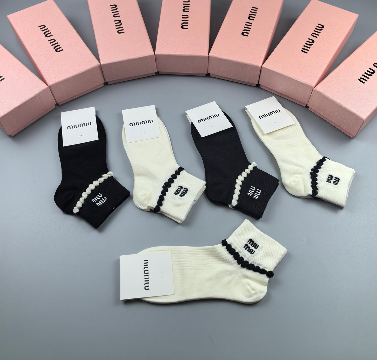 Miu Miu Black Cream Fine Stripe Cuffs Ankle Socks, image 3