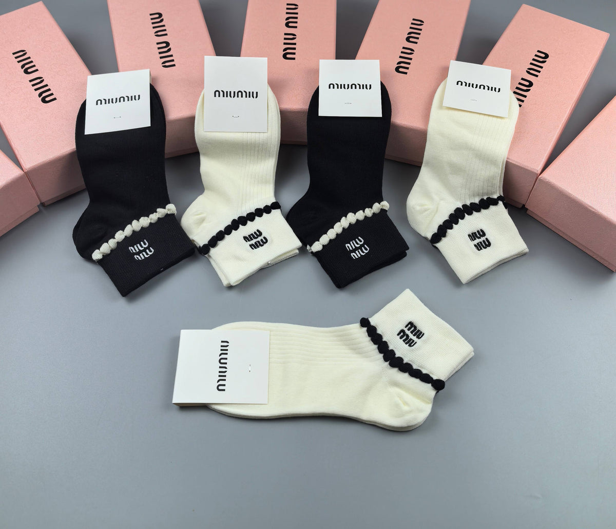 Miu Miu Black Cream Fine Stripe Cuffs Ankle Socks, image 5