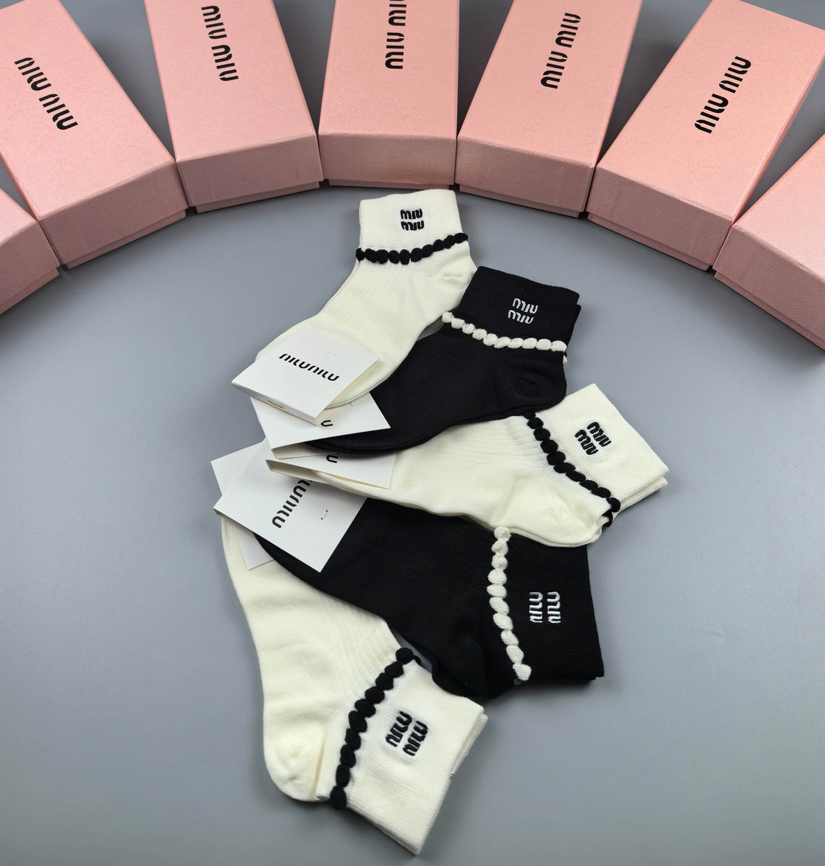 Miu Miu Black Cream Fine Stripe Cuffs Ankle Socks, image 2