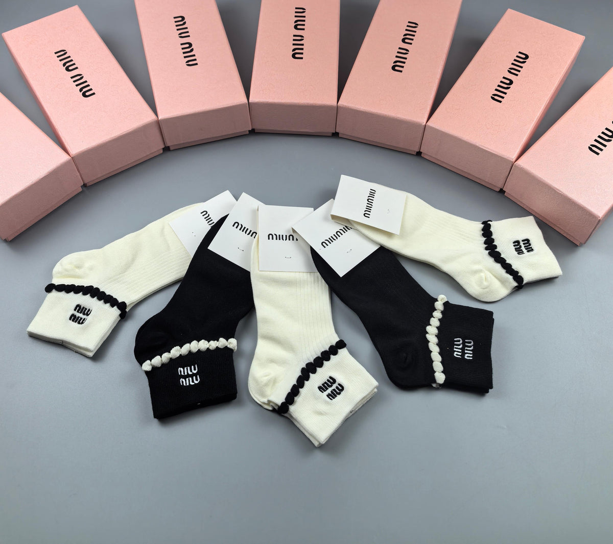 Miu Miu Black Cream Fine Stripe Cuffs Ankle Socks, image 8