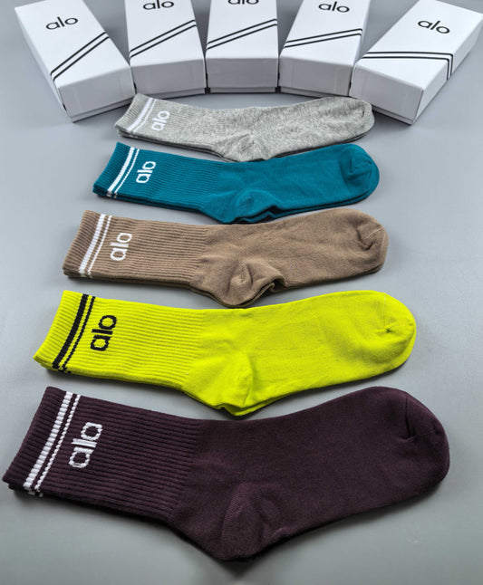 Alo Bright Lime Teal Brown Broad Letter Cuffs Crew Socks, image 1