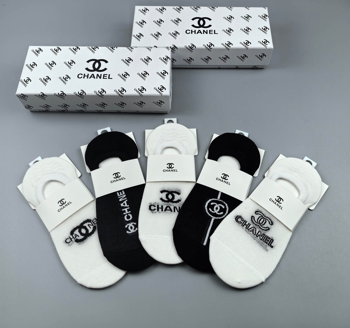 Chanel Black White Mixed Large Emblems No-Show Socks, image 5