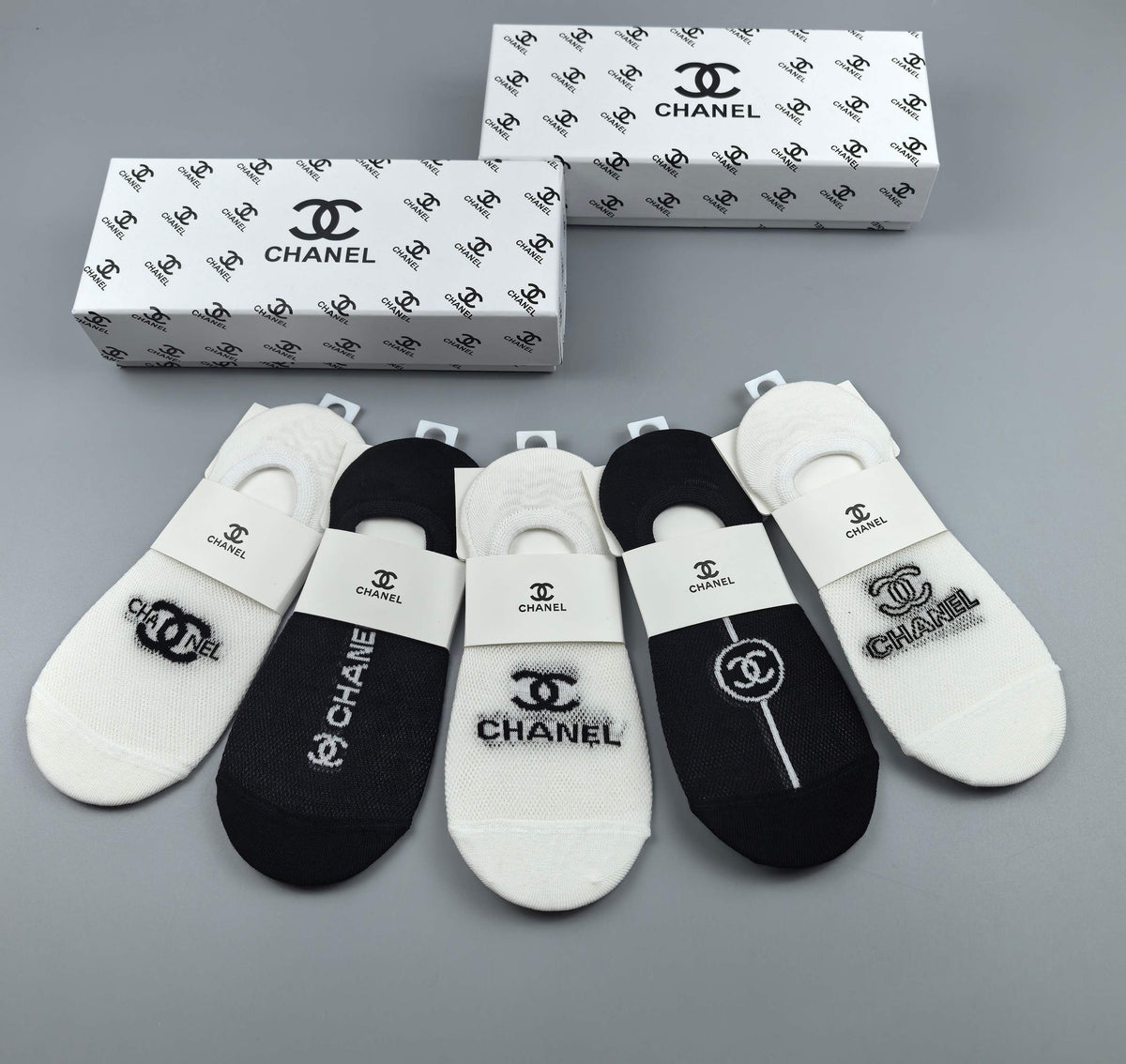 Chanel Black White Mixed Large Emblems No-Show Socks, image 8
