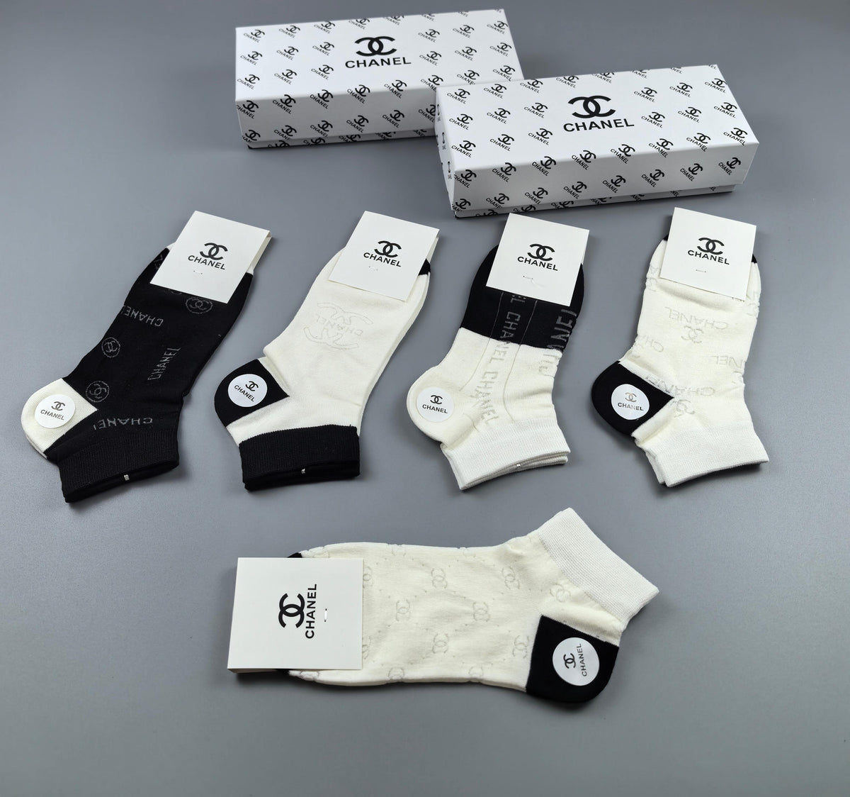Chanel Black Cream Large Monogram Patches Ankle Socks, image 2