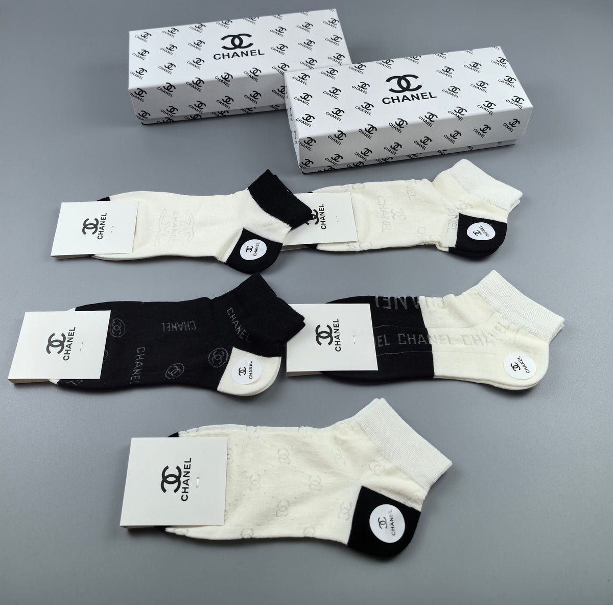 Chanel Black Cream Large Monogram Patches Ankle Socks, image 3