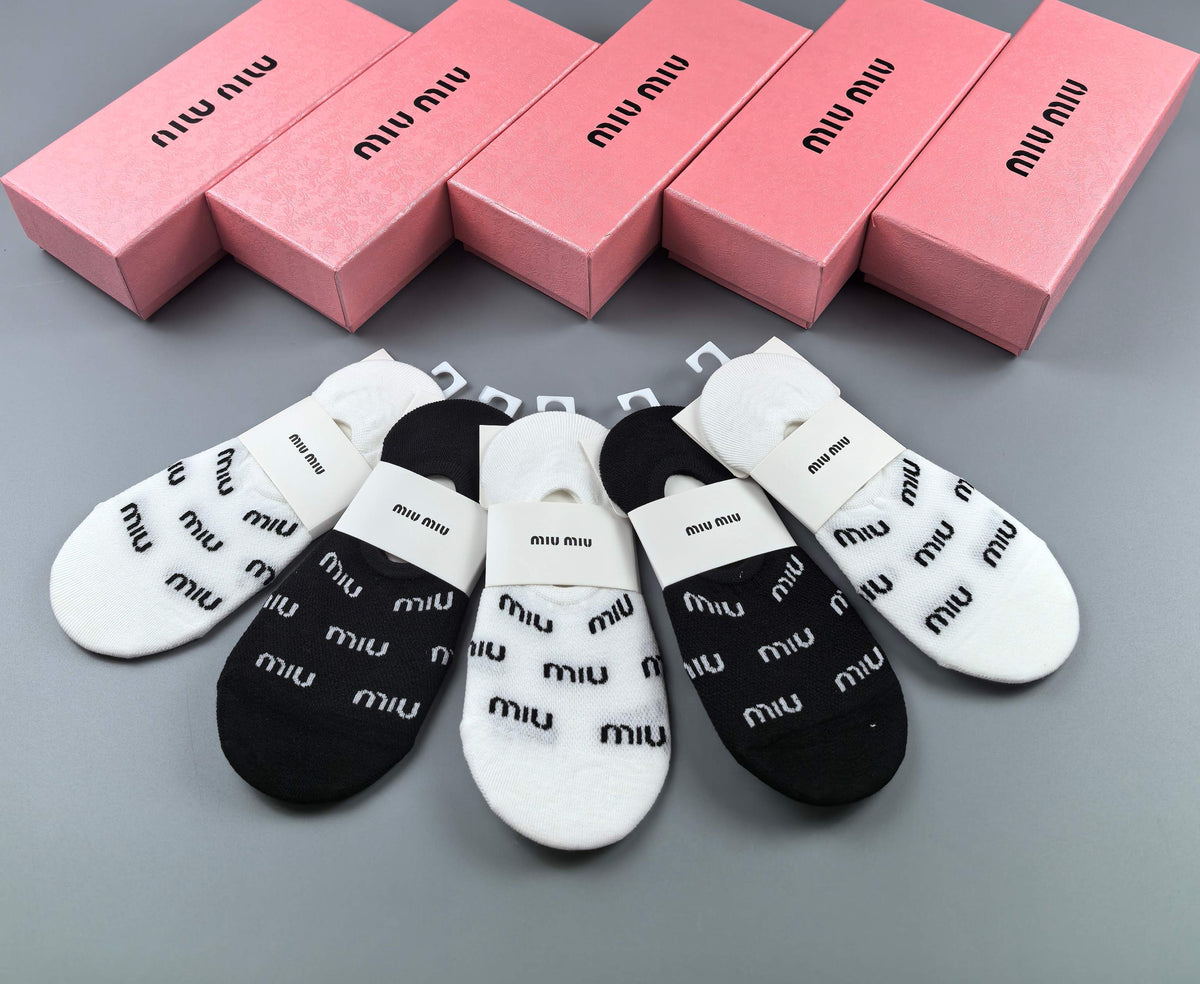 Miu Miu Black White Repeated Small Wordmarks No-Show Socks, image 3