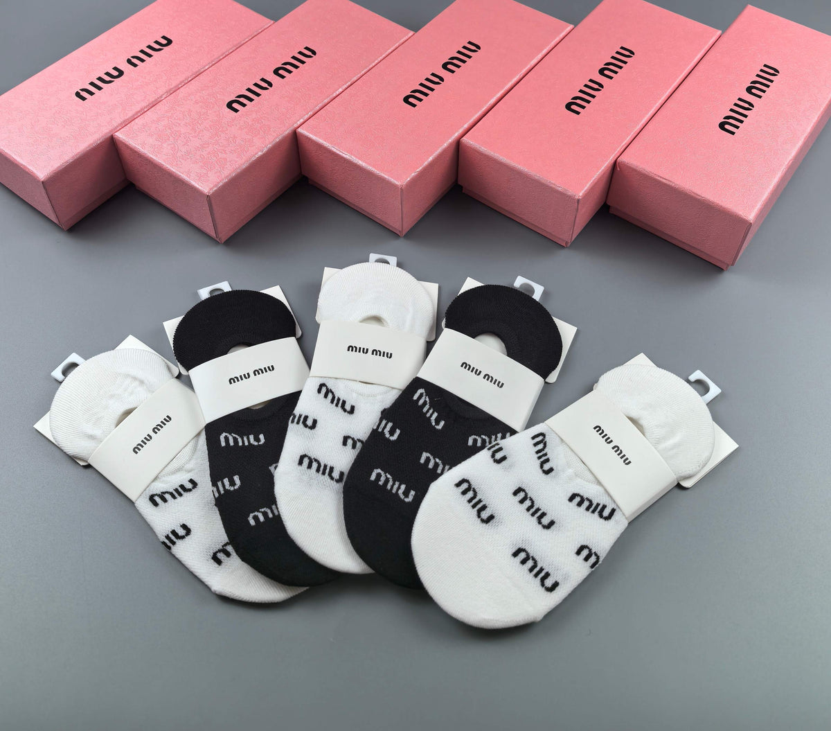 Miu Miu Black White Repeated Small Wordmarks No-Show Socks, image 2